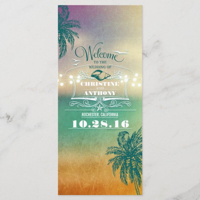 romantic beach wedding programs -sunset lights sea programme (Front)
