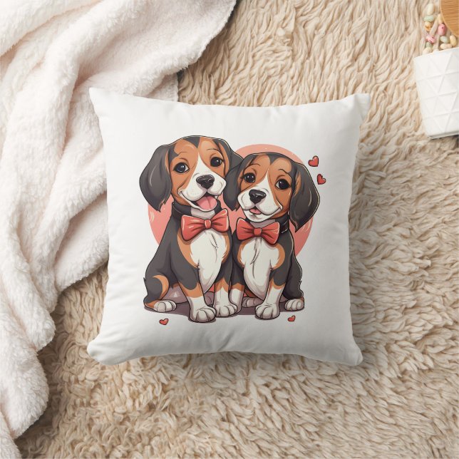 Romantic Beagle Puppy Love Illustration Cushion (Blanket)