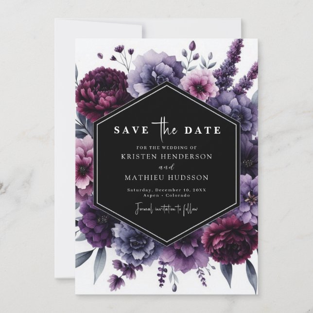 Romantic Beautiful Purple Floral Wedding Save The Date (Front)