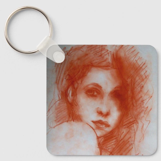 ROMANTIC BEAUTY / Woman Portrait in Sepia Brown Key Ring (Front)