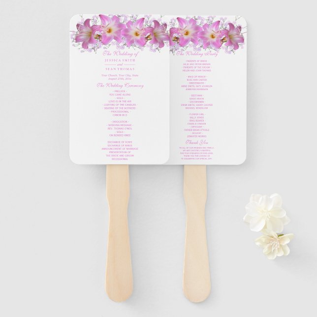 Romantic Belladonna Lilies Wedding Program Hand Fan (Front and Back)