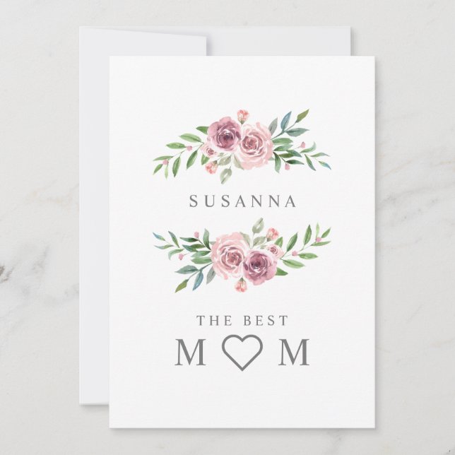 Romantic Best Mum Floral Wreath Monogram in Pink Holiday Card (Front)
