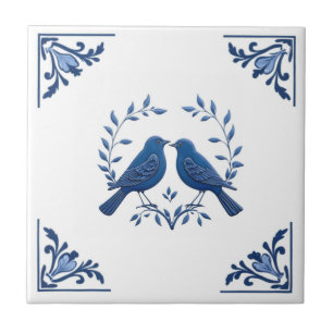 Romantic Bird Pair Delft Blue White Floral Corner Tile