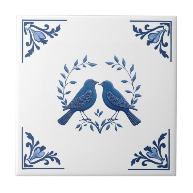 Romantic Bird Pair Delft Blue White Floral Corner Tile (Front)