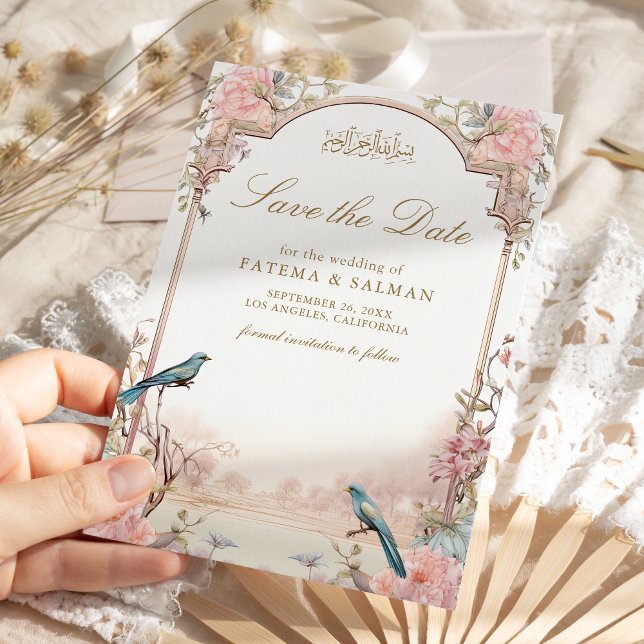 Romantic Birds Blush Pink Floral Muslim Wedding Save The Date (Creator Uploaded)