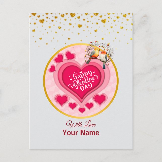 Romantic Birds on Branch Valentine's Day and Heart Postcard (Front)