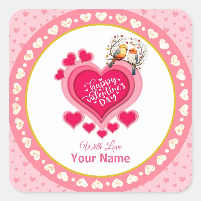 Romantic Birds on Branch Valentine's Day and Heart Square Sticker (Front)