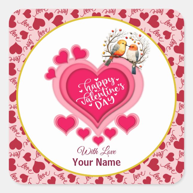 Romantic Birds on Branch Valentine's Day and Heart Square Sticker (Front)
