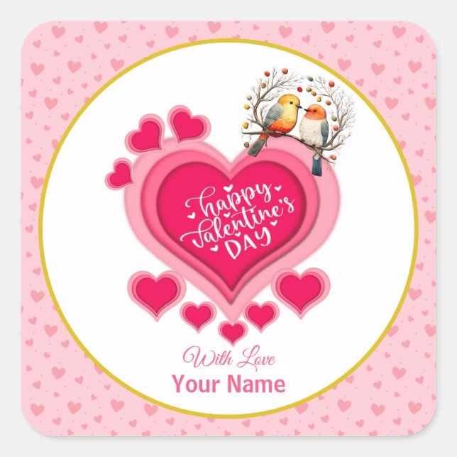 Romantic Birds on Branch Valentine's Day and Heart Square Sticker (Front)