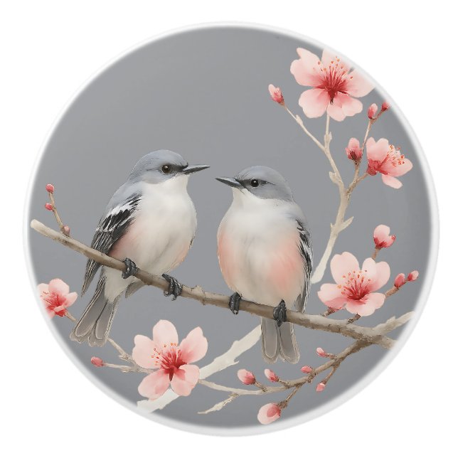 Romantic Birds on Cherry Blossom Branch Watercolor Ceramic Knob (Front)