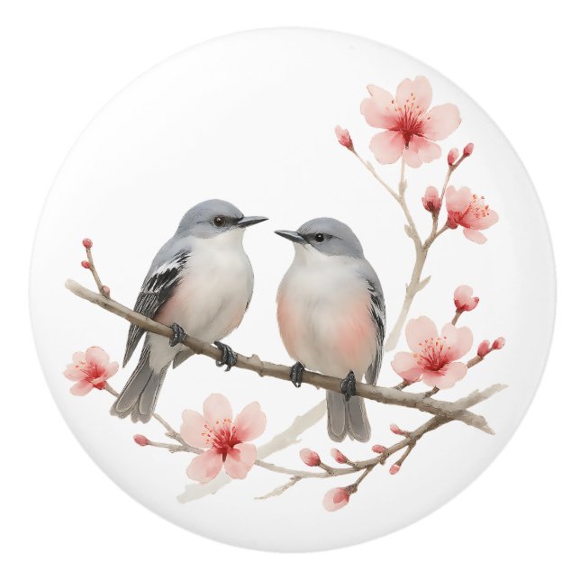 Romantic Birds on Cherry Blossom Branch Watercolor Ceramic Knob (Front)