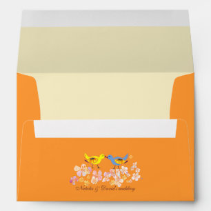 Romantic Birds Pre Addressed Orange Wedding Envelopes