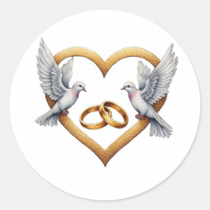 Romantic birds with Heart Shape, Wedding Rings Classic Round Sticker