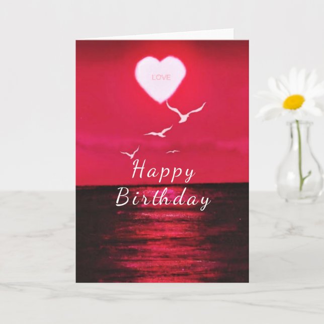 Romantic Birthday Card with Sea Sunset Heart Love (Small Plant)