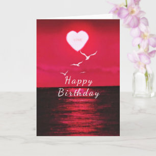 Romantic Birthday Card with Sunset Love Heart