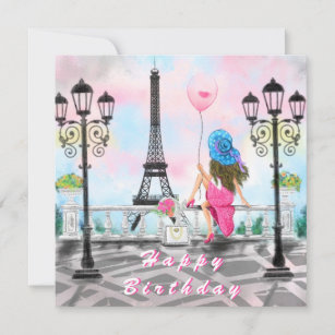 Romantic Birthday Card Woman In Paris Eiffel Tower