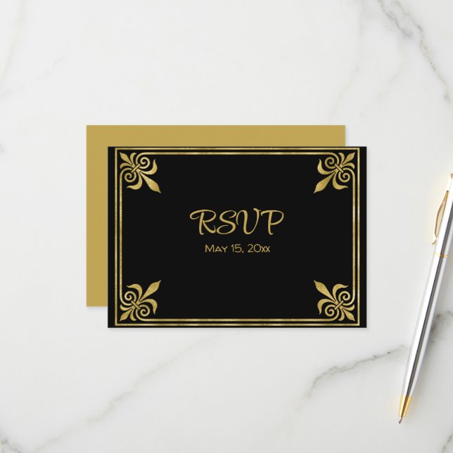 Romantic Black and Gold Frame  RSVP Card (Front/Back In Situ)