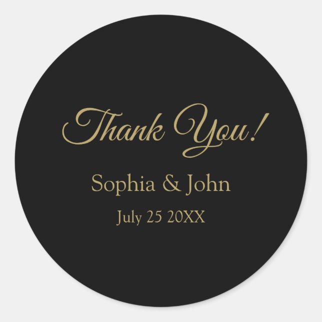 Romantic Black and Gold Wedding Thank You Classic Round Sticker (Front)