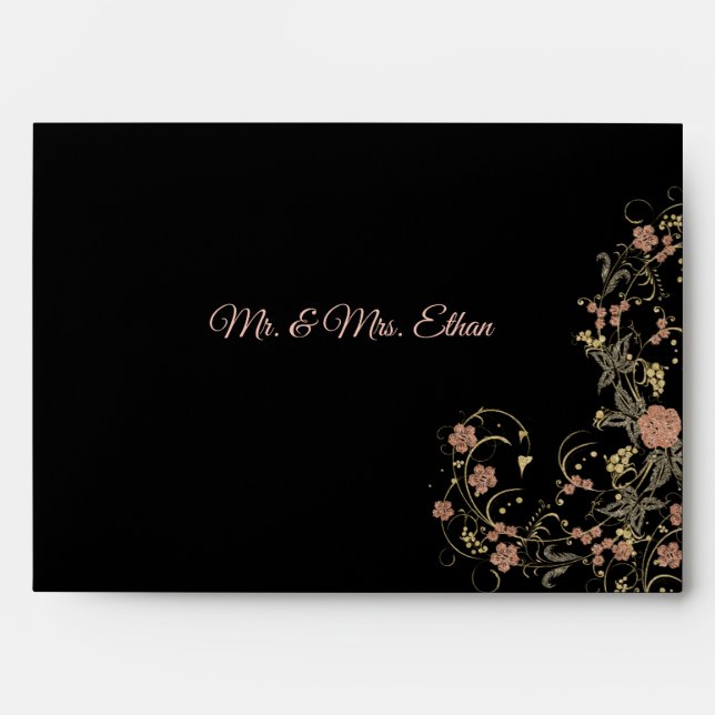 Romantic Black and Tea Pink Floral Wedding  Envelope (Front)