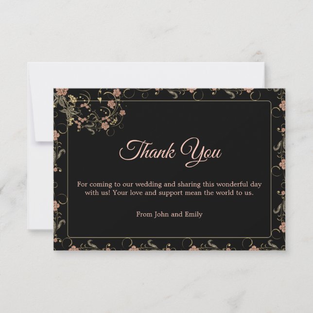 Romantic Black and Tea Pink Floral Wedding  Thank You Card (Front)