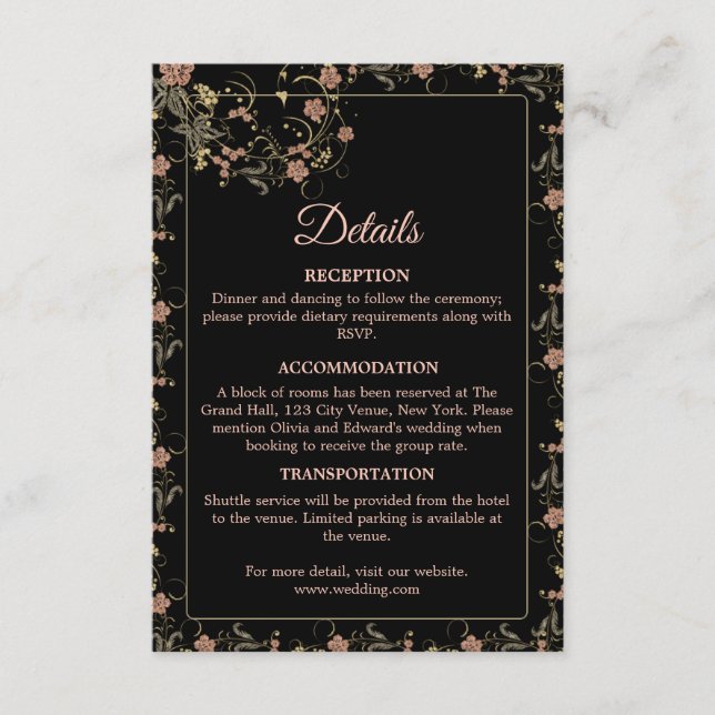 Romantic Black and Tea Pink Wedding  Enclosure Card (Front)