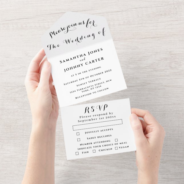 Romantic Black and White Calligraphy Chic Wedding  All In One Invitation (Tearaway)