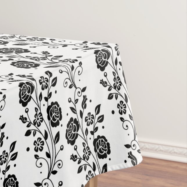 Romantic Black And White Floral Pattern Tablecloth (In Situ)