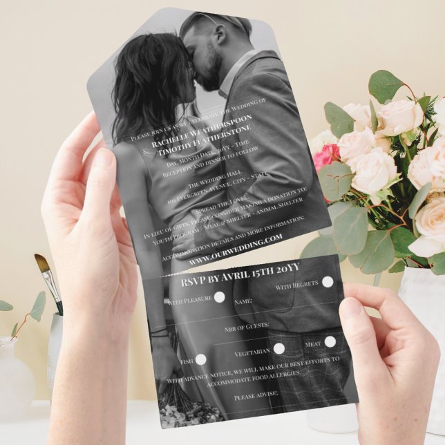 Romantic Black and White Photo Monogram Wedding All In One Invitation (Creator Uploaded)