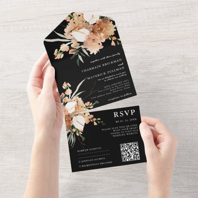 Romantic Black and White QR code Wedding All In One Invitation (Tearaway)