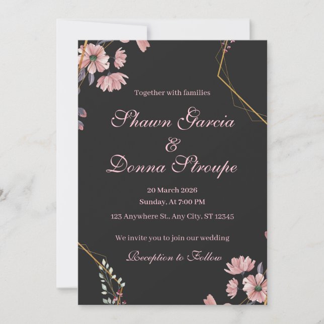 Romantic Black Blush Pink Floral Wedding  Invitation (Front)