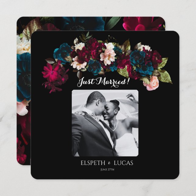 Romantic Black, Burgundy and Teal Floral Wedding Announcement (Front/Back)