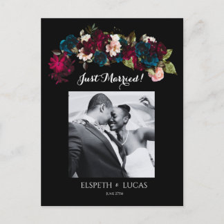 Romantic Black, Burgundy and Teal Floral Wedding Announcement Postcard