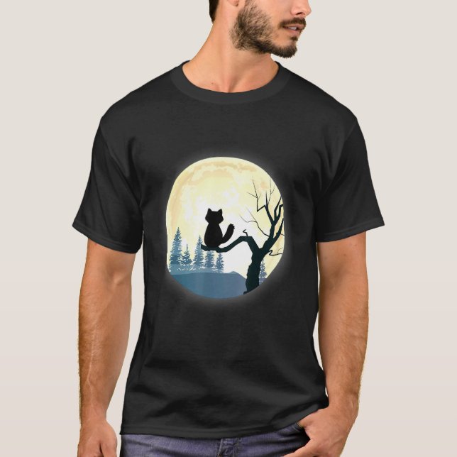 Romantic Black Cat on a Full Moon Night in a Tree T-Shirt (Front)