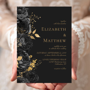 Romantic Black Gold Floral Dark Wedding Invitation