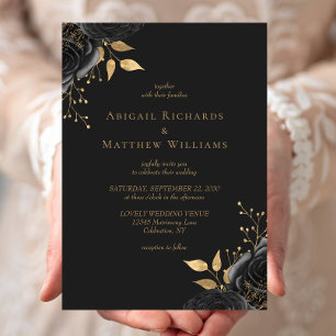 Romantic Black Gold Floral Dark Wedding Invitation
