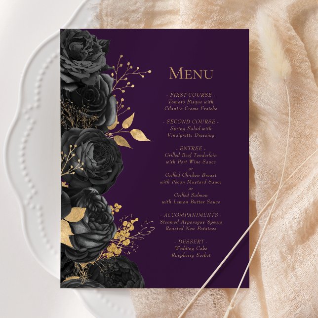 Romantic Black Gold Purple Floral Wedding Menu (Creator Uploaded)