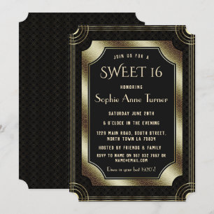 Romantic Black Great Gatsby Art Deco 20s SWEET 16 Invitation