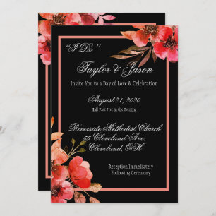 Romantic Black & Orange Floral Script Wedding Invitation