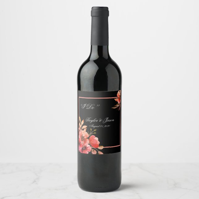 Romantic Black & Orange Floral Script Wedding Wine Label (Front)