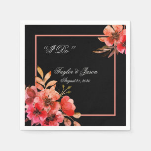 Romantic Black Peach Floral Script Wedding Napkin