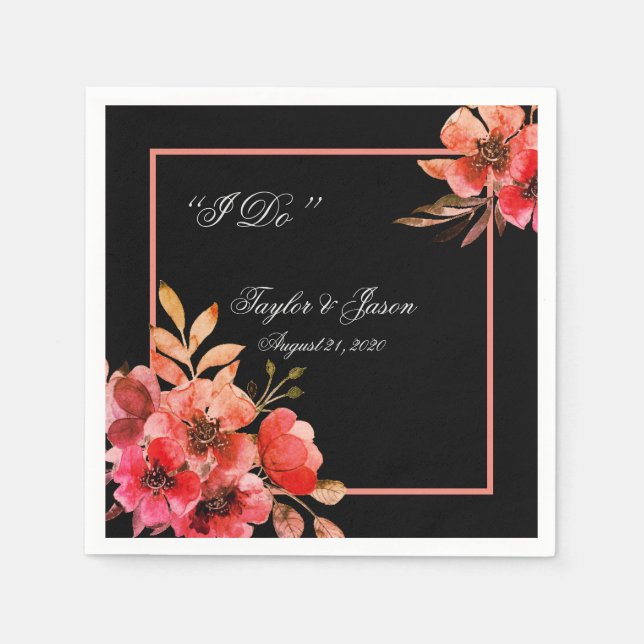 Romantic Black Peach Floral Script Wedding Napkin (Front)