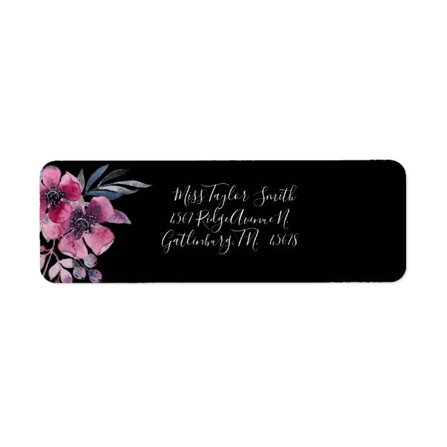 Romantic Black & Pink Floral Script Wedding Addres (Front)