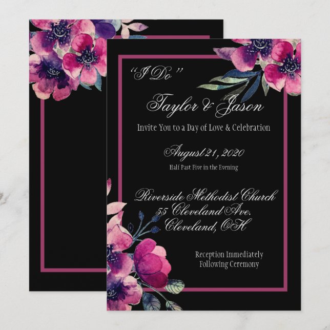 Romantic Black & Pink Floral Wedding Script Invitation (Front/Back)