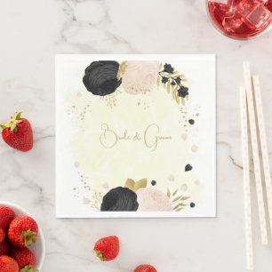 Romantic black & pink flowers gold napkin