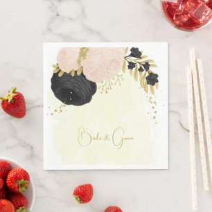 Romantic black & pink flowers gold napkins