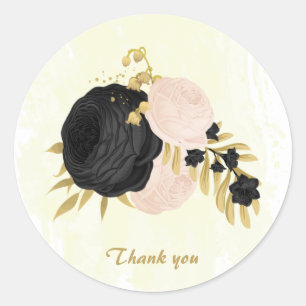 Romantic black & pink flowers gold wedding classic round sticker
