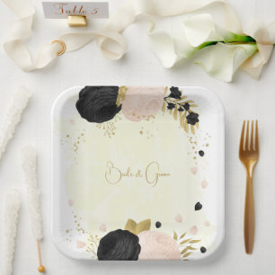 Romantic black & pink flowers gold wedding paper plate