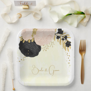 Romantic black & pink flowers gold wedding paper plate