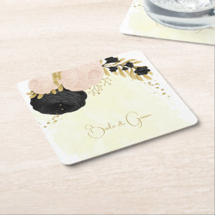 Romantic black & pink flowers gold wedding square paper coaster