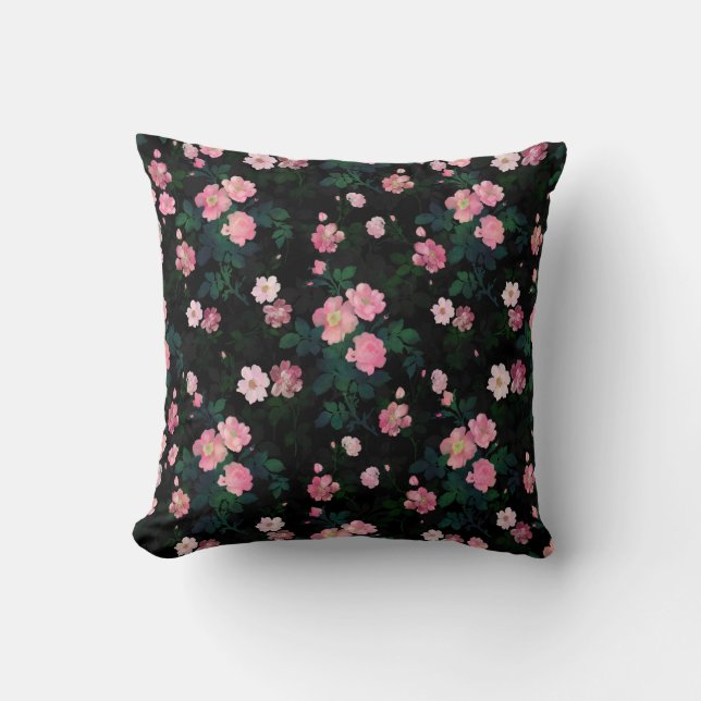 Romantic Black Pink Roses Floral Painting Cushion (Front)
